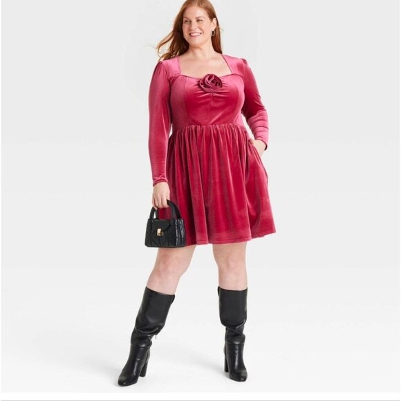 Ava & Viv Dress 1X Rose Velvet Sweetheart Neckline Rosette Midi A-Line - Picture 3 of 12